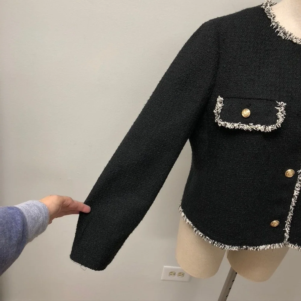 Loft Tweed Jacket Womens Large Black White Fringe Gold‎ Button Professional